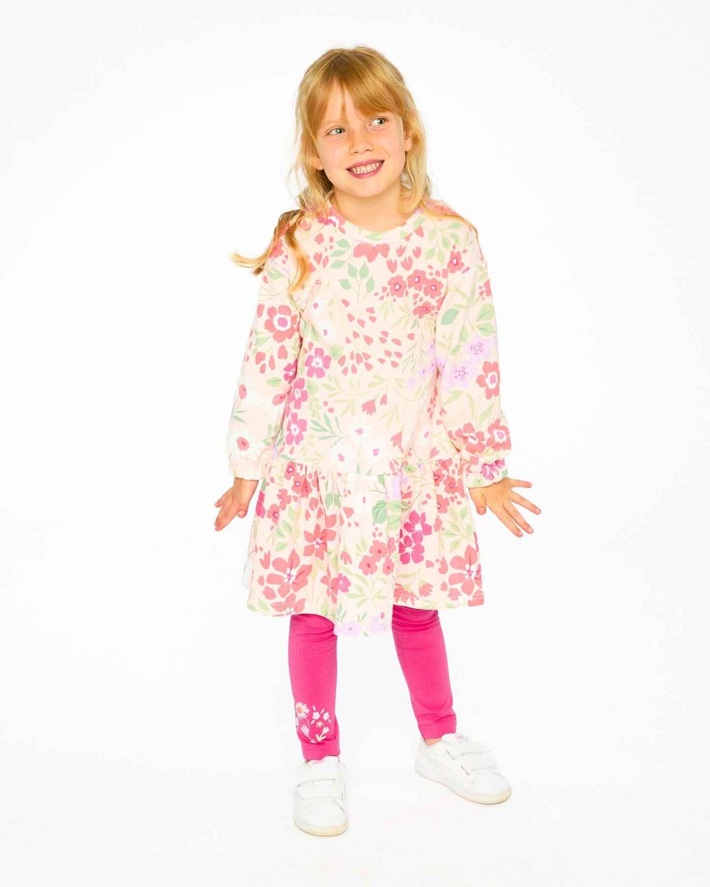 French Terry Dress Pink Printed Flowers