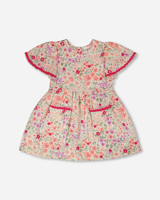 Muslin Dress Off White Printed Flowers