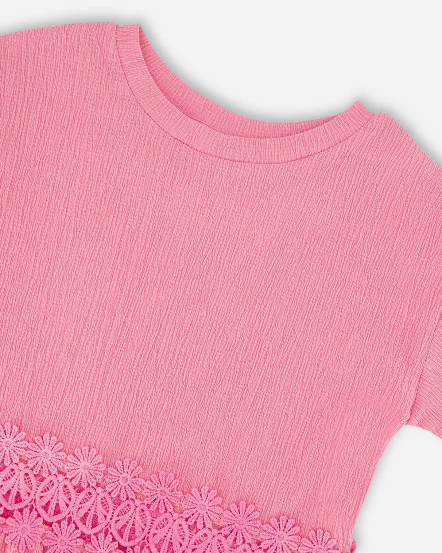 Crinkle Jersey Long T-Shirt With Crochet Insert Pink