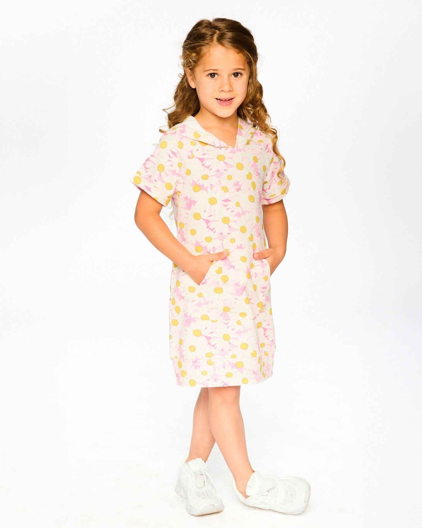French Terry Hooded Dress Pink Printed Daisies