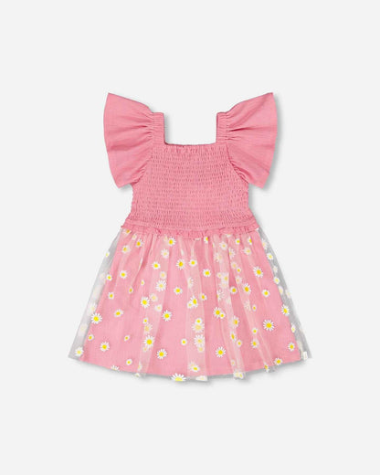 Mesh And Crinkle Jersey Dress With Smocking Pink