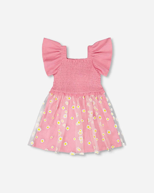 Mesh And Crinkle Jersey Dress With Smocking Pink