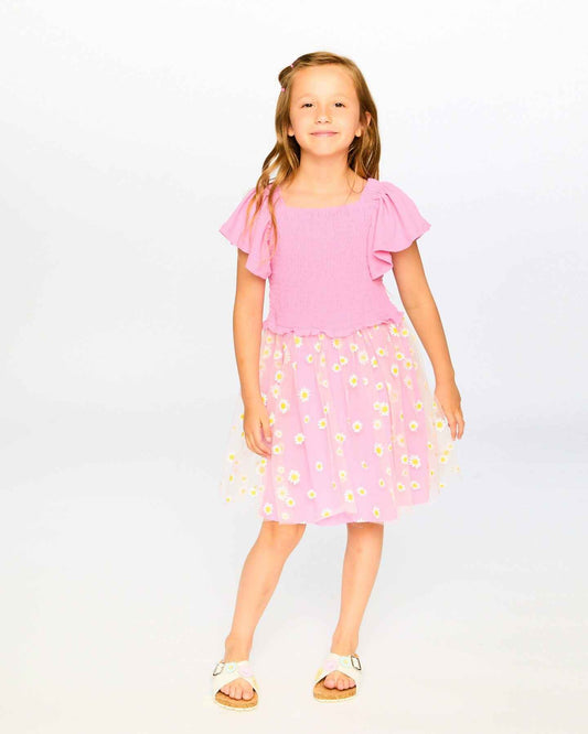 Mesh And Crinkle Jersey Dress With Smocking Pink