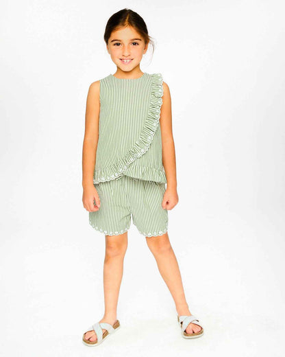 Shorts Green And Off White Stripes With Embroidery