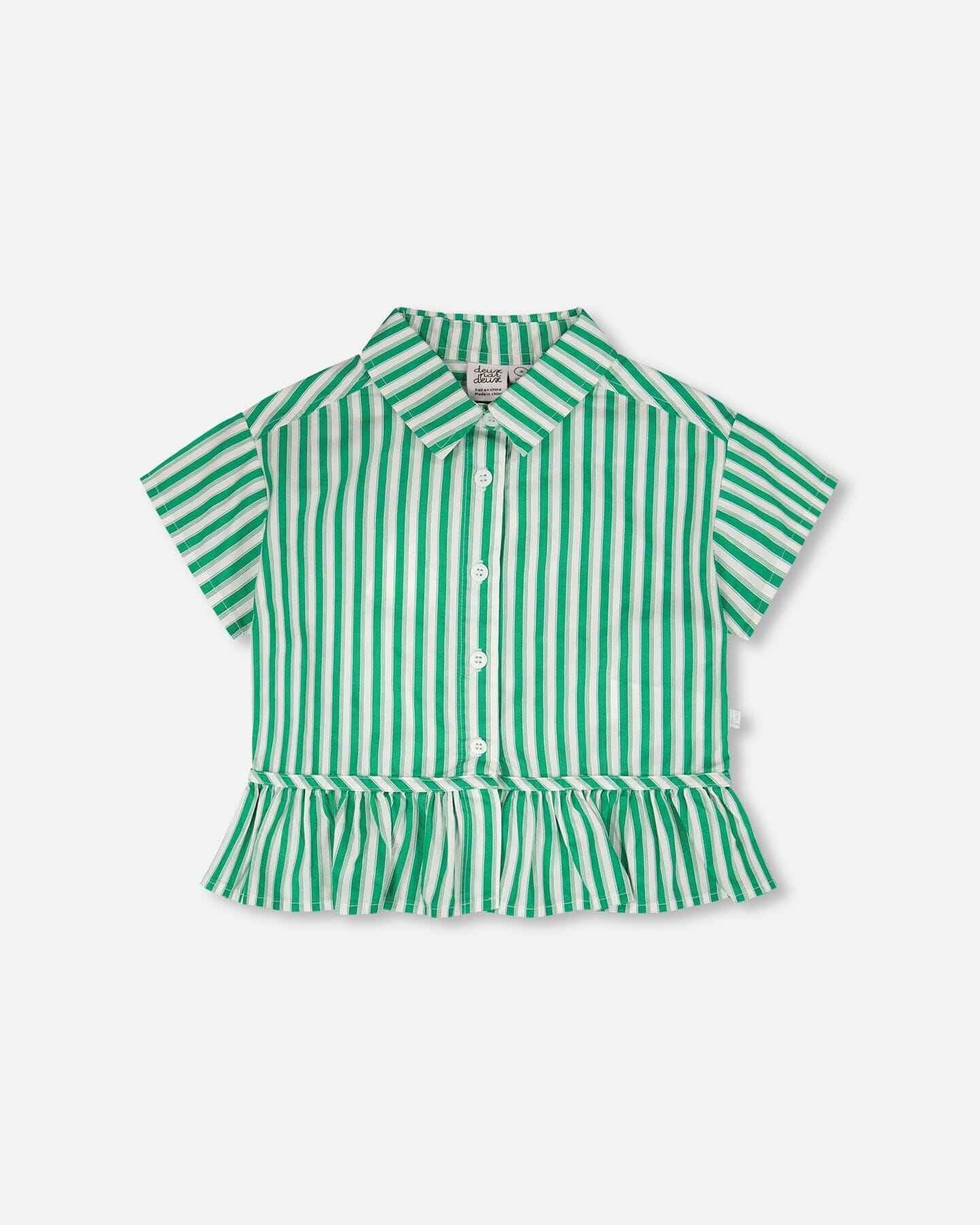 Short Sleeve Striped Button Down Shirt Green