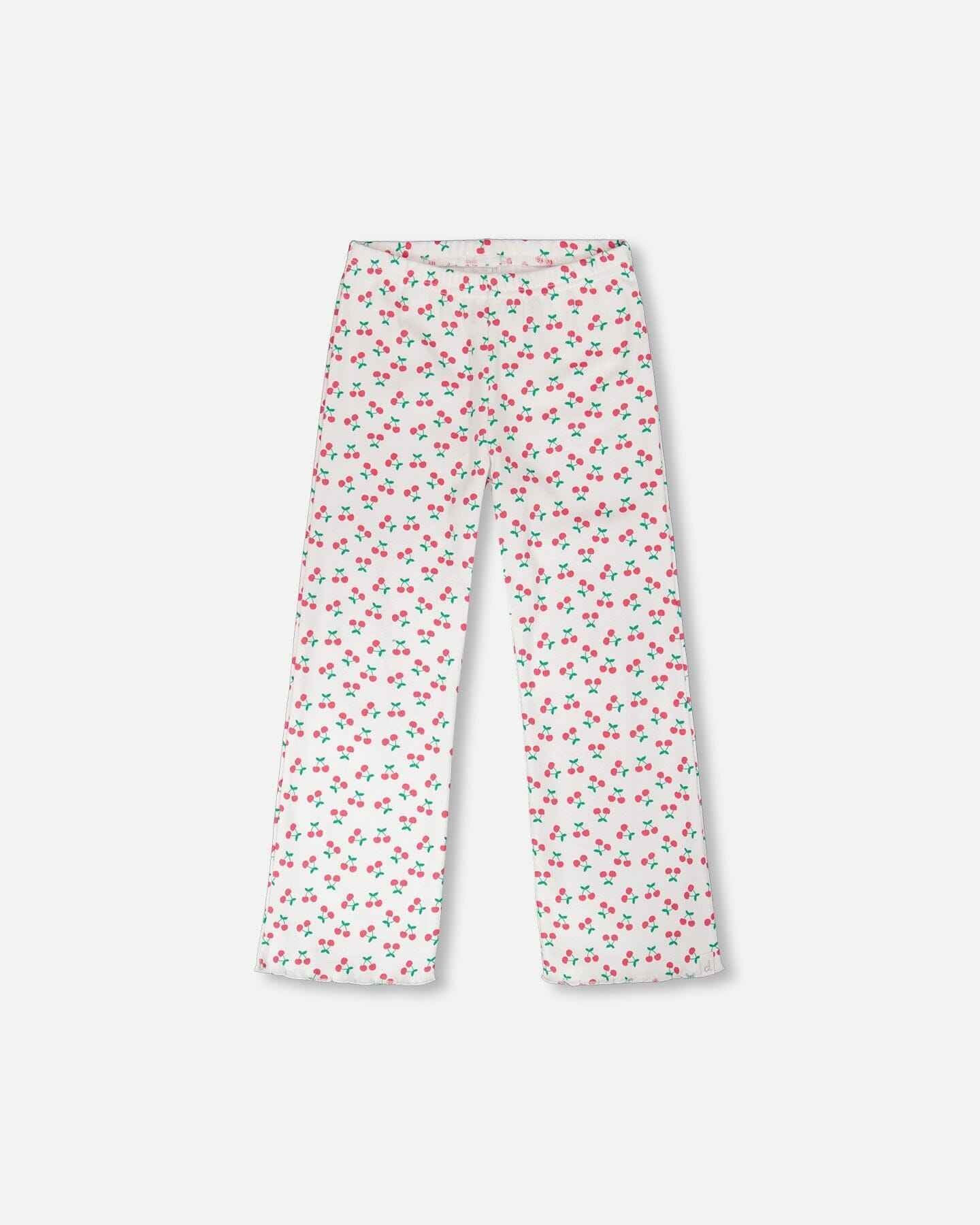 Rib Flare Leg Leggings White Printed Cherries