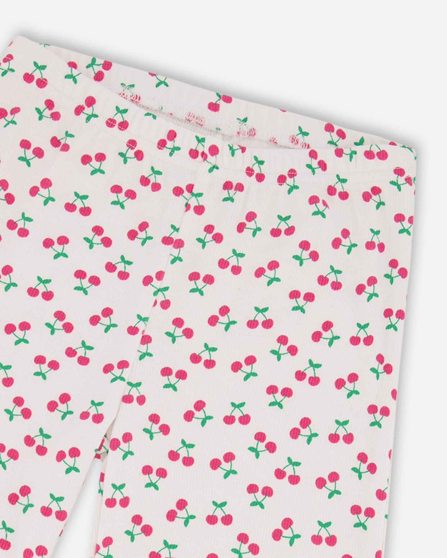 Rib Flare Leg Leggings White Printed Cherries