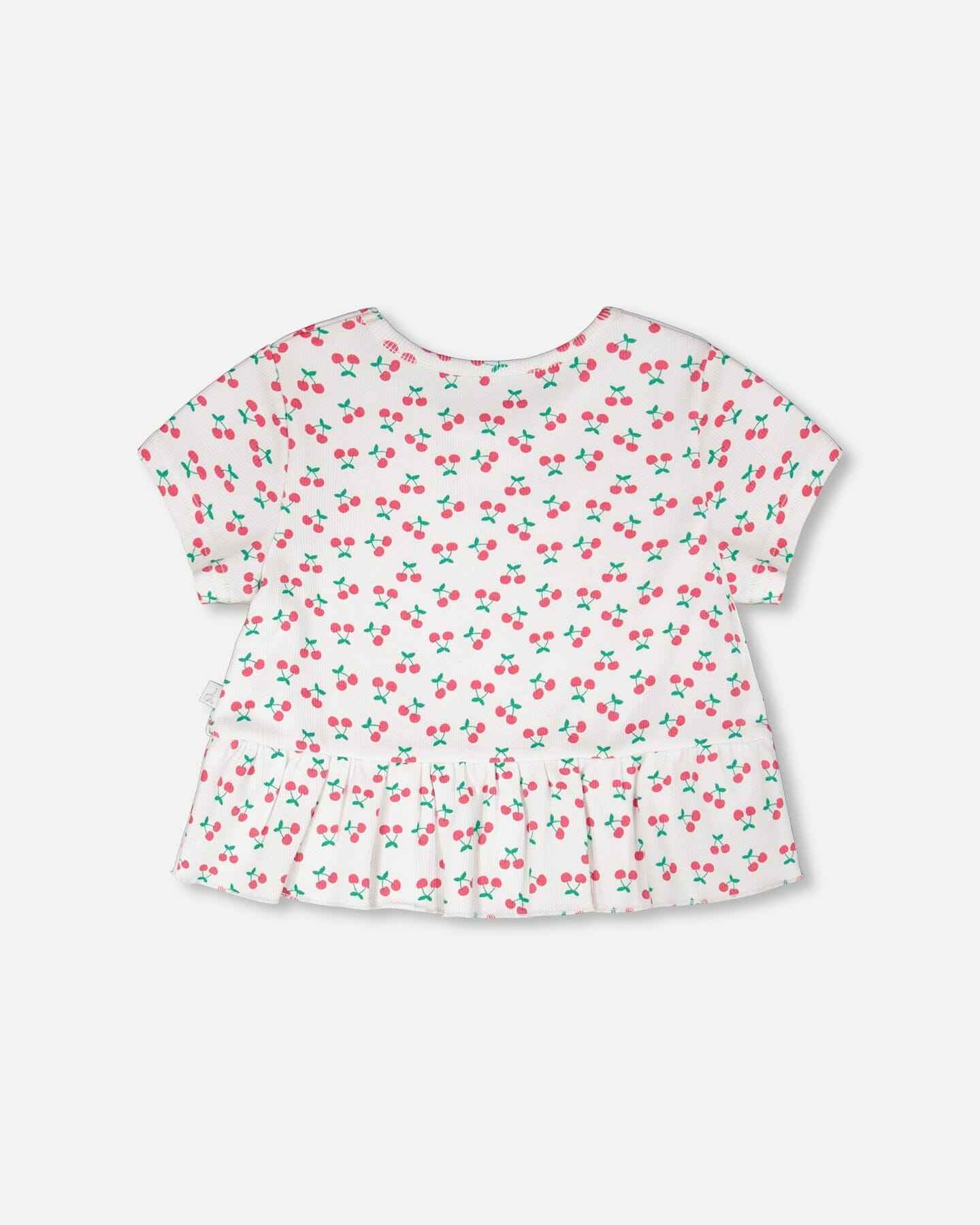 Rib Crop T-Shirt With Frill White Printed Cheeries