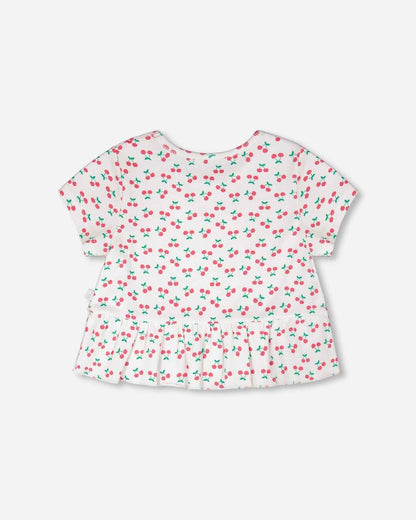 Rib Crop T-Shirt With Frill White Printed Cheeries