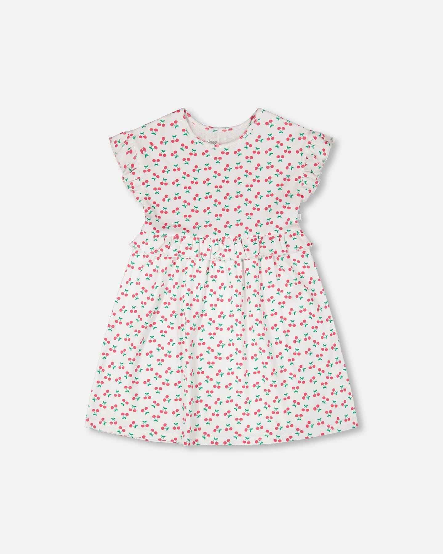 Cotton Rib Dress White Printed Cherries