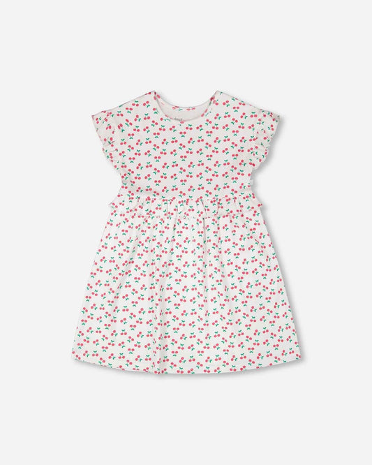 Cotton Rib Dress White Printed Cherries