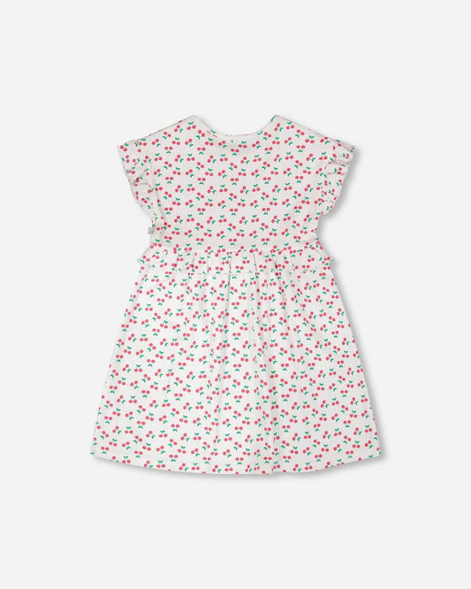 Cotton Rib Dress White Printed Cherries