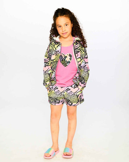 Zip Front French Terry Hoodie Black Printed Multicolor