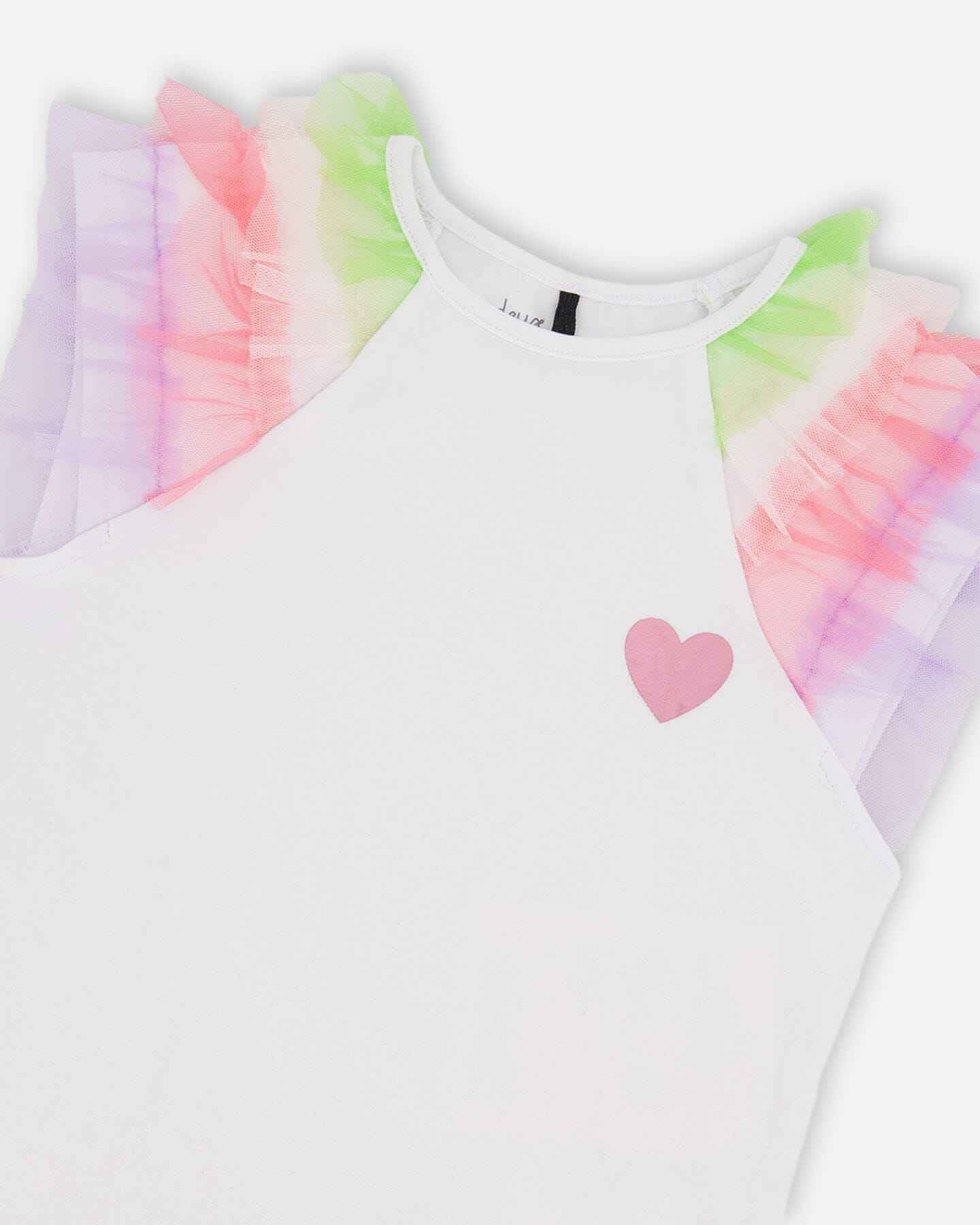 Organic Cotton Jersey T-Shirt White With Multicolor Mesh Sleeves