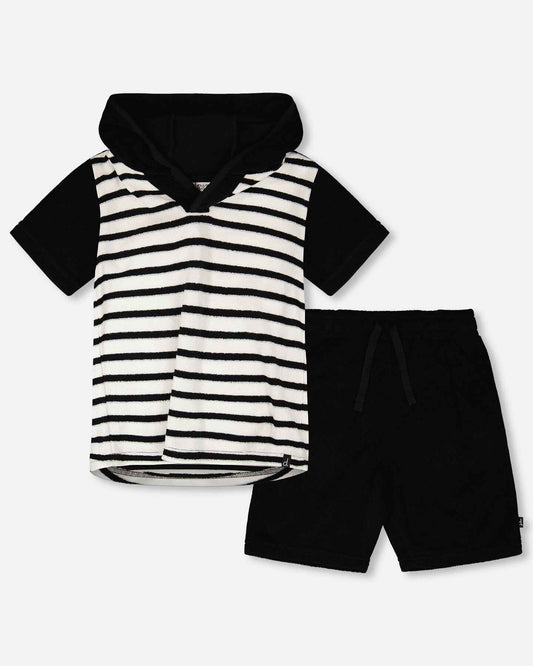 Hooded Terry T-Shirt With Shorts Set Black And White Stripes