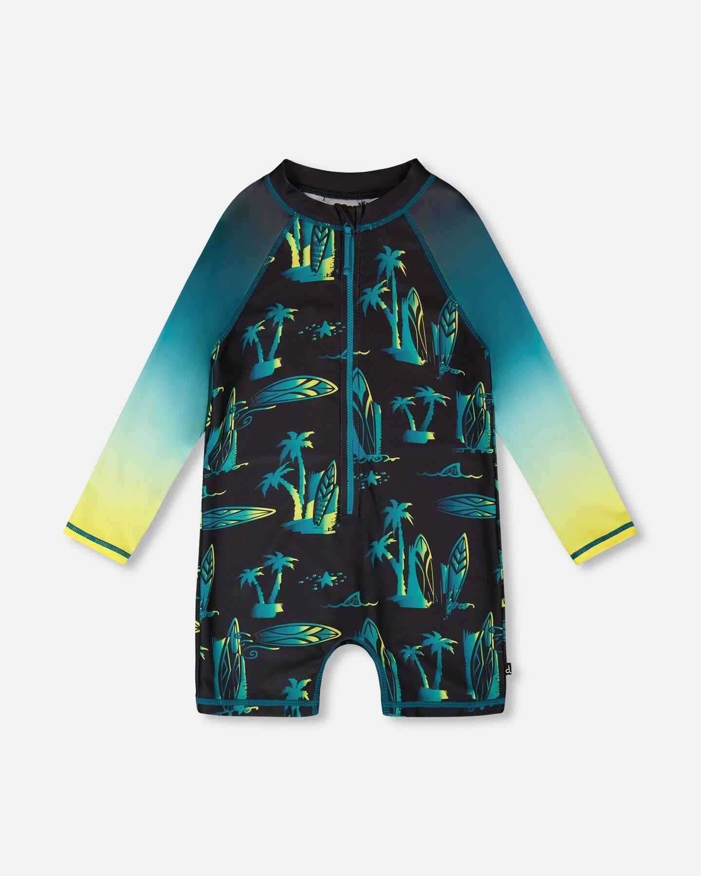 One-Piece Long Sleeve Rashguard Black Surf Print