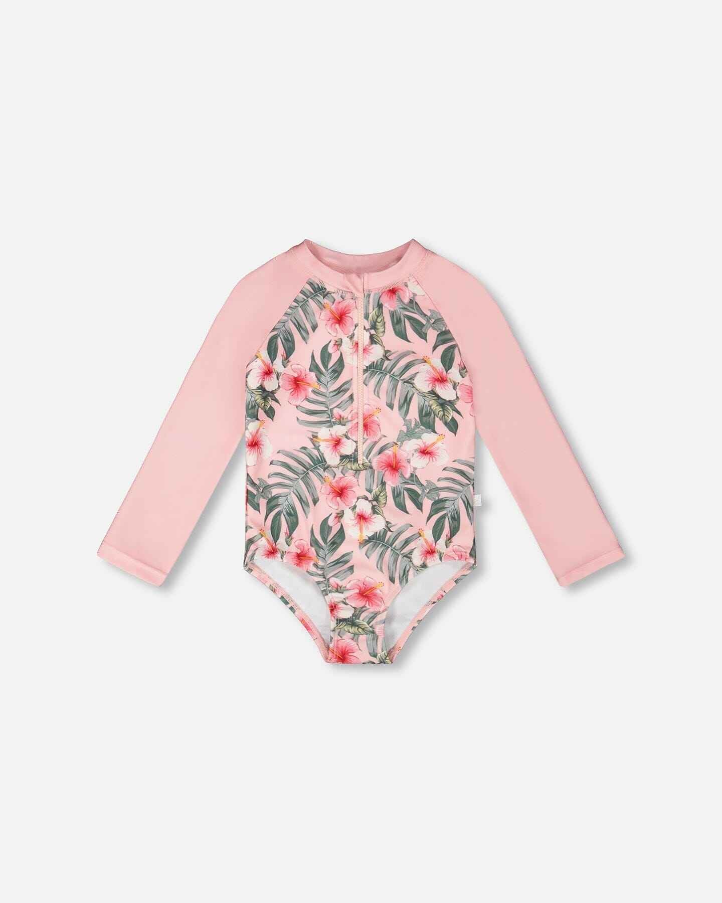One-Piece Long Sleeve Rashguard Pink Hibiscus Print