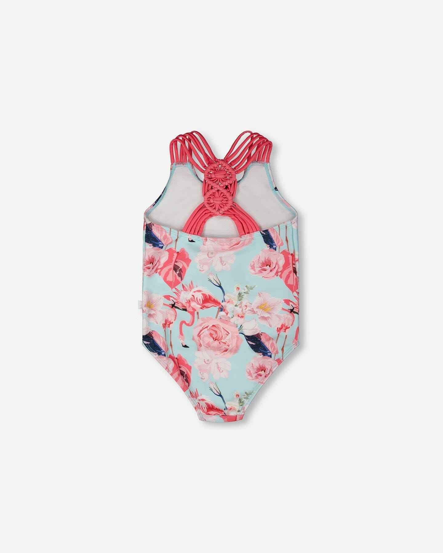 One-Piece Swimsuit Blue Flamingo Print