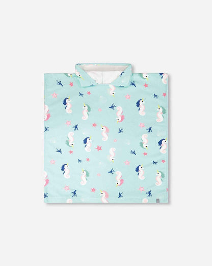 Hooded Beach Towel Blue Seahorse Print