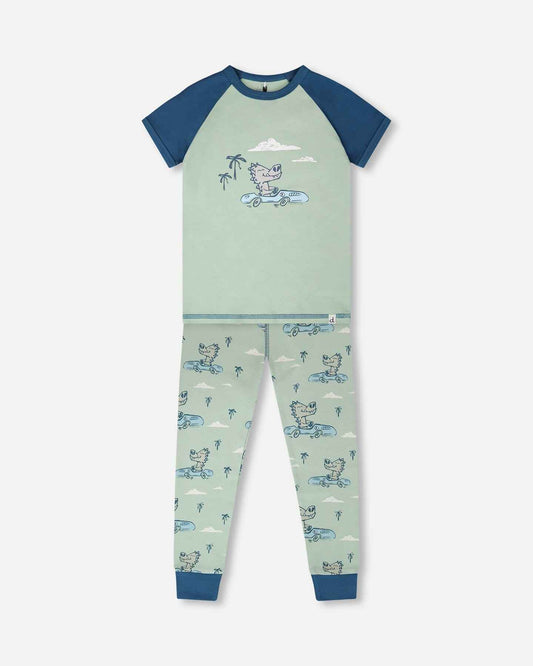Organic Cotton Two-Piece Pyjama Set Green Crocodile Print