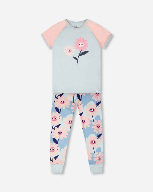 Organic Cotton Two-Piece Pyjama Set Blue Smiling Flower Print