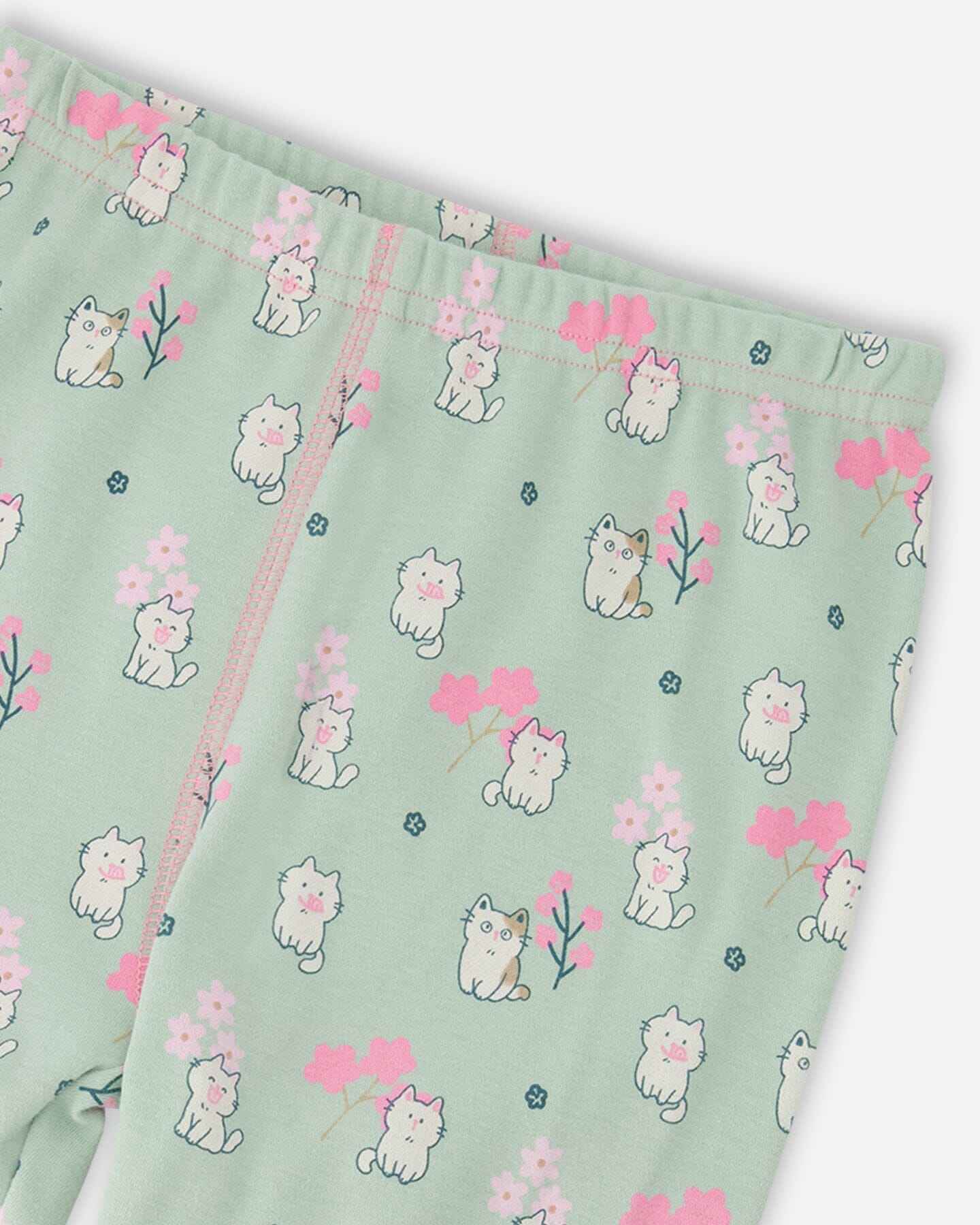 Organic Cotton Two-Piece Pyjama Set Green Kitten Print