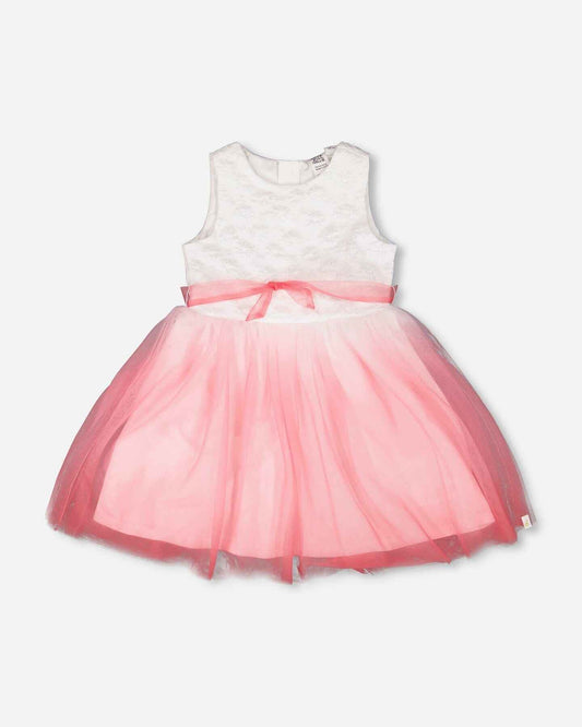 Bi-Material Pleated Mesh Dress White And Pink