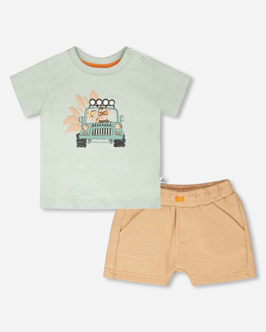 Organic Cotton T-Shirt And Short Set Mint Green And Beige