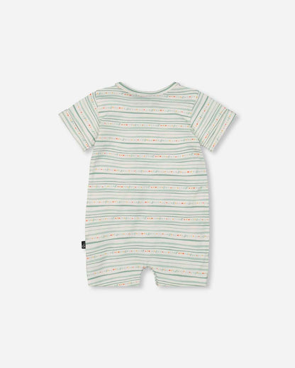 Organic Cotton Romper White Printed Mint Green Lines