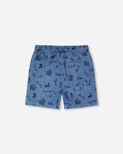 Chambray Shorts Blue Printed Skateboards
