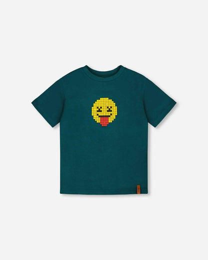 Organic Cotton Jersey T-Shirt With Print Dark Turquoise