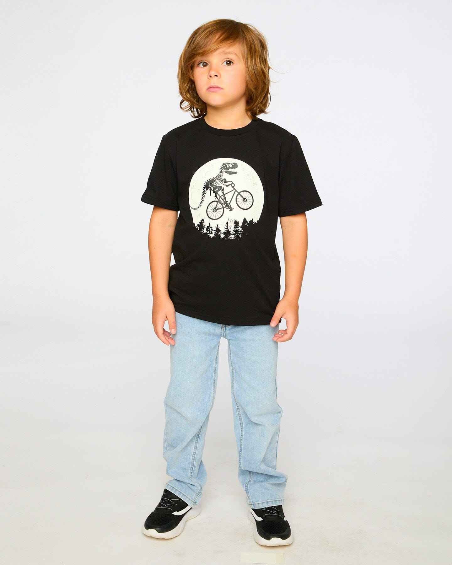 Glow In The Dark Organic Cotton Jersey T-Shirt With Dino On Bike Print Black
