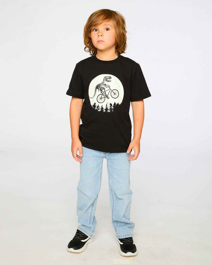 Glow In The Dark Organic Cotton Jersey T-Shirt With Dino On Bike Print Black