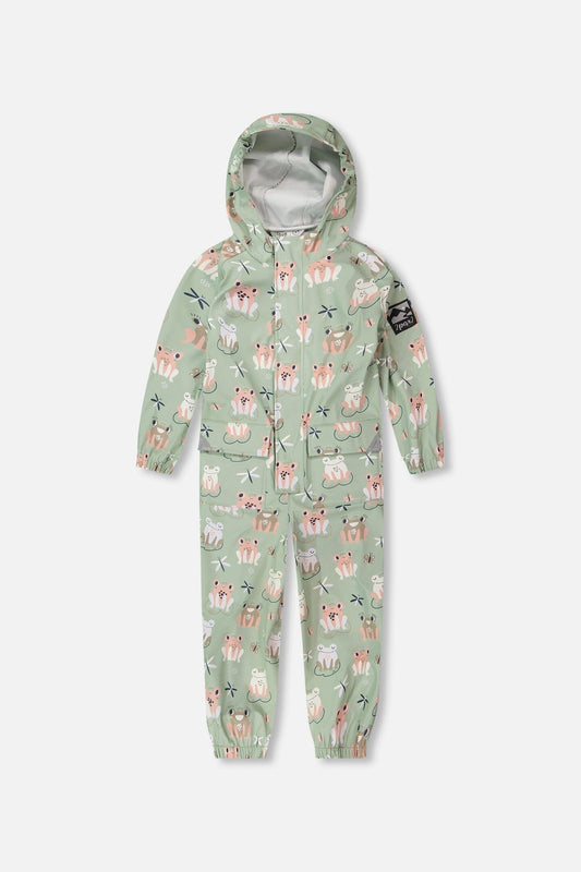 Green rain jumpsuit with color-changing frogs print