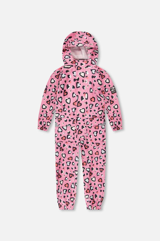 Pink rain jumpsuit with color-changing hearts print