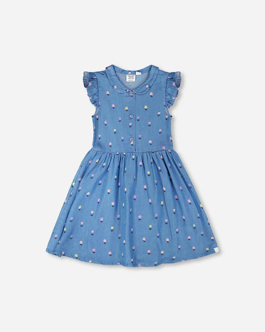 Sleeveless Button Down Dress Blue Flower Print