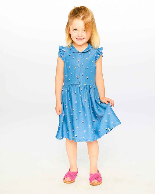 Sleeveless Button Down Dress Blue Flower Print