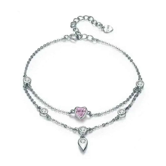 Sterling Silver Double Layer Bracelet with Pink CZ Hearts
