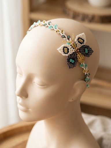 Beaded Headband with Butterfly Golden & White