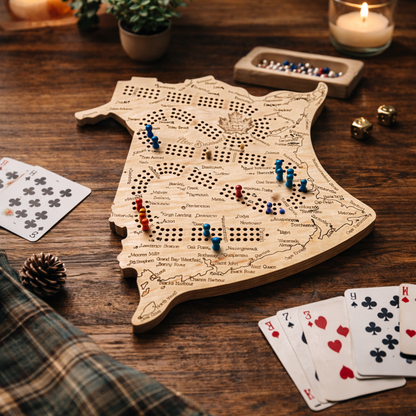 New Brunswick Map Cribbage Board – Handcrafted Wooden Crib Board with Engraved Cities