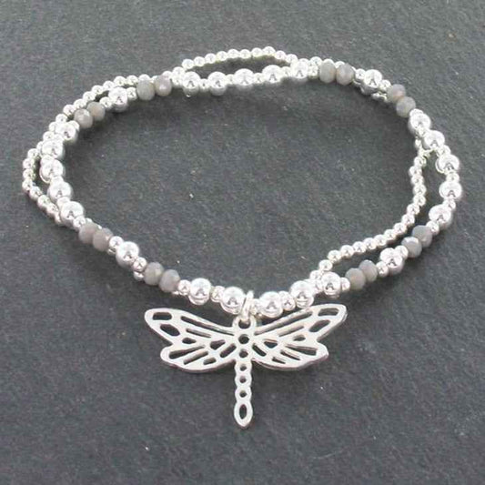 Double Strand Bracelet With Dragonfly Pendant In Silver Plate