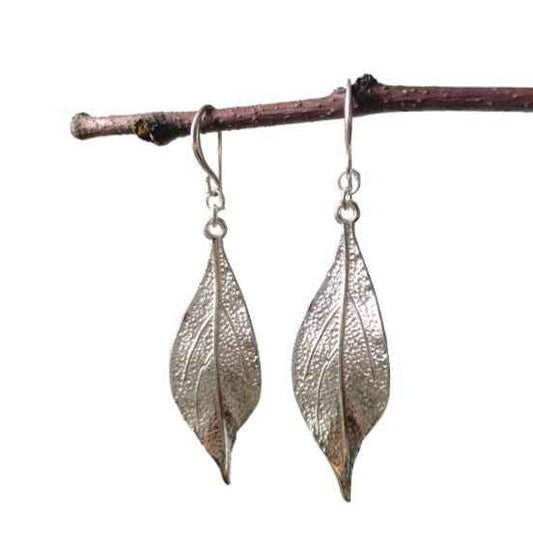 Textured Leaf Earrings - Silver Plate