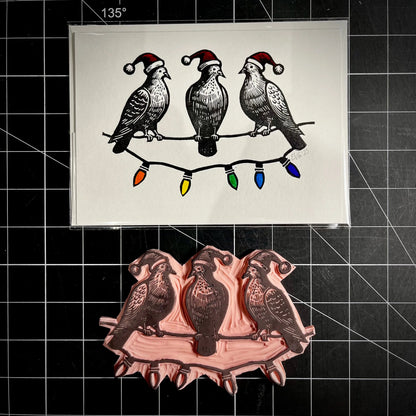 Three Pigeons Slaying Holiday Card | LINOCUT CARD