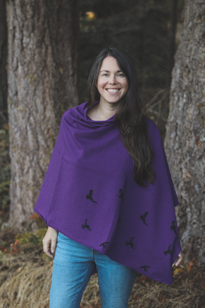 Eggplant Poncho with Birds Print