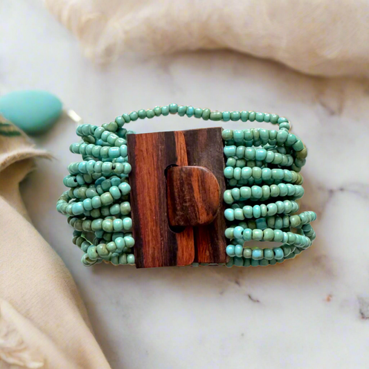 Beaded Bracelet with Wooden Clasp