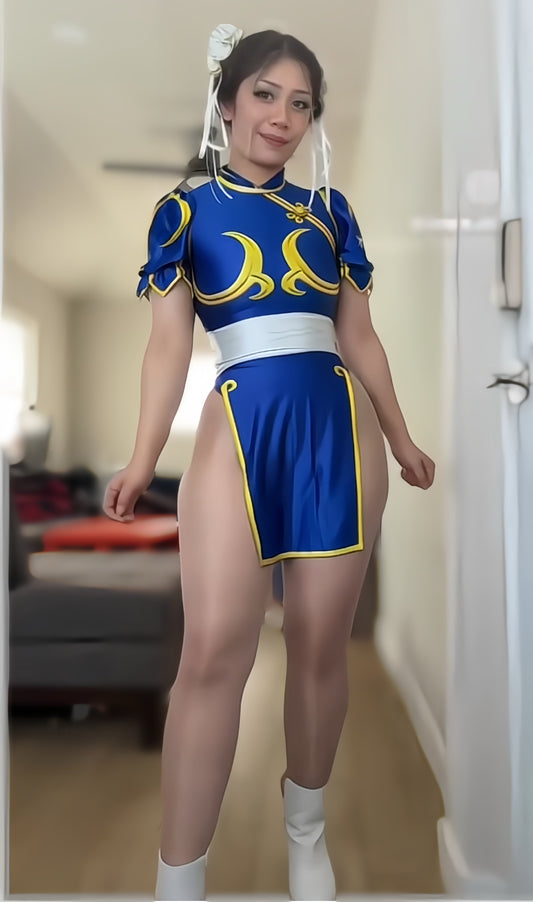 【DISCONTINUED】Chun-Li Inspired Cosplay Bodysuit Set with Detachable Skirt & Accessories