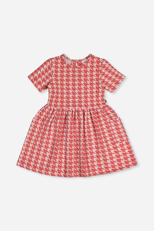 Short Sleeve Dress With Pockets Pink And White Houndstooth