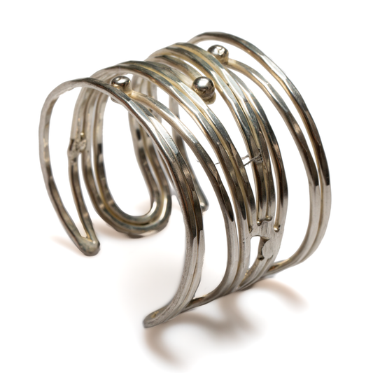 Multi Swirl & Ball Metal Cuff - Silver Colour