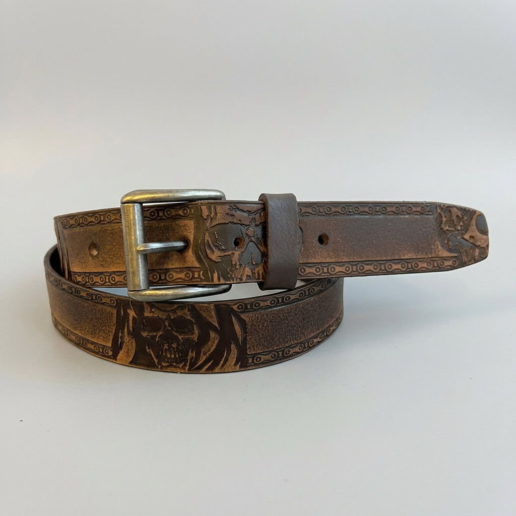 Keldon Men’s Full-Grain Leather Biker Belt. Skull Chain Embossed Design with Removable Buckle
