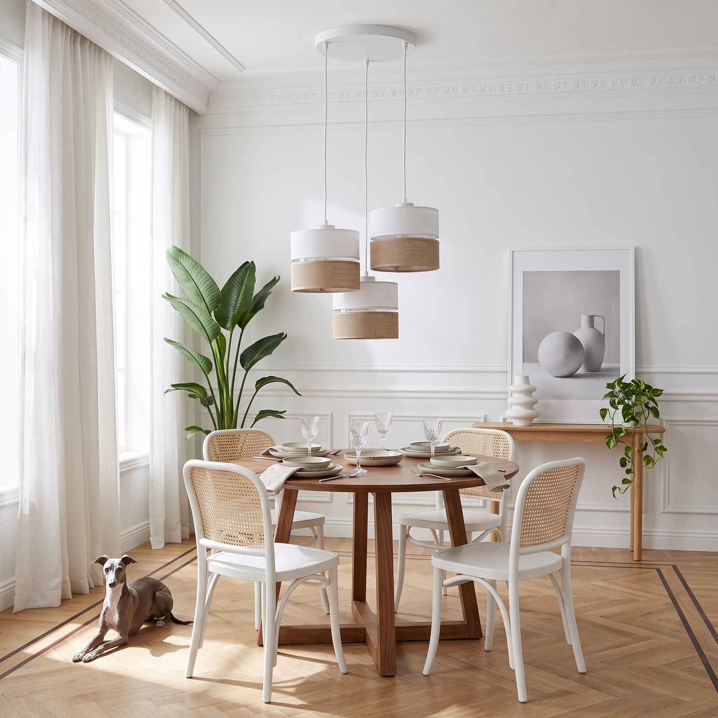LINOBIANCO 3-Light Cluster Pendant with Linen & Jute Shades for Dining, Kitchen & Living  Room